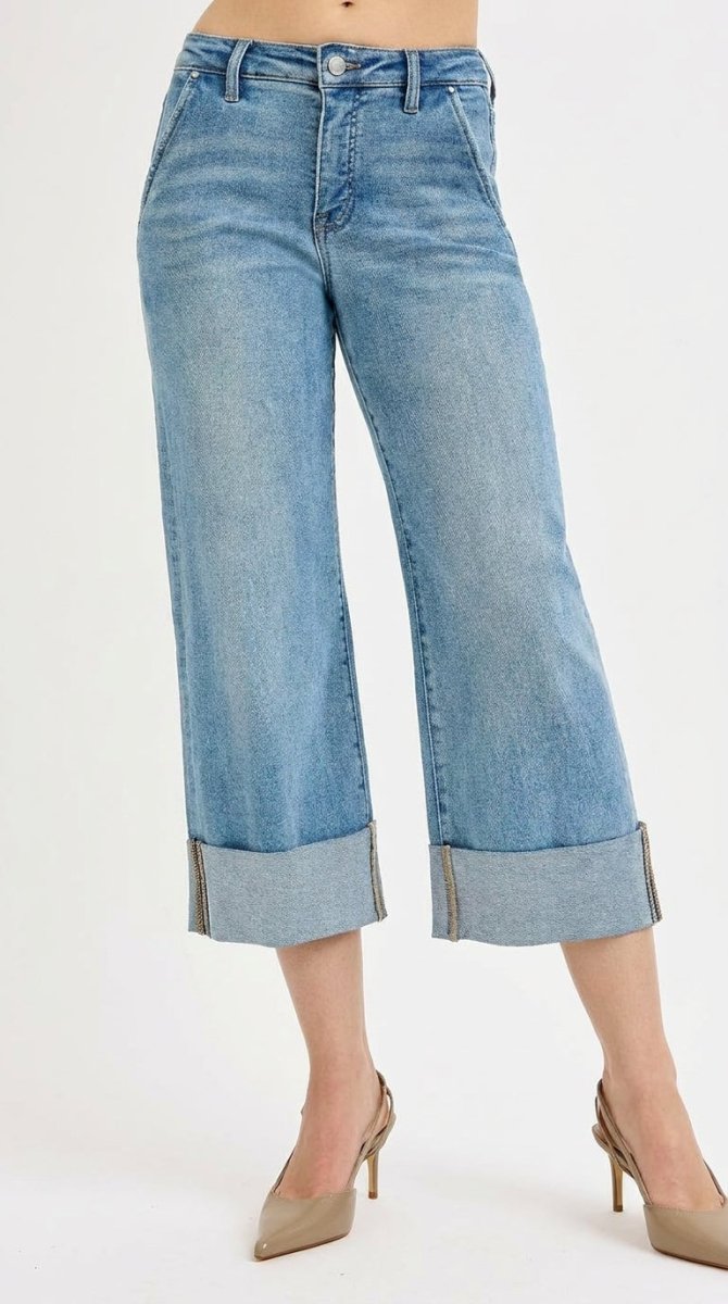 RISEN Full Size Tummy Control High Rise Ankle Wide Cuffed Jeans Plus Size - AMVIM