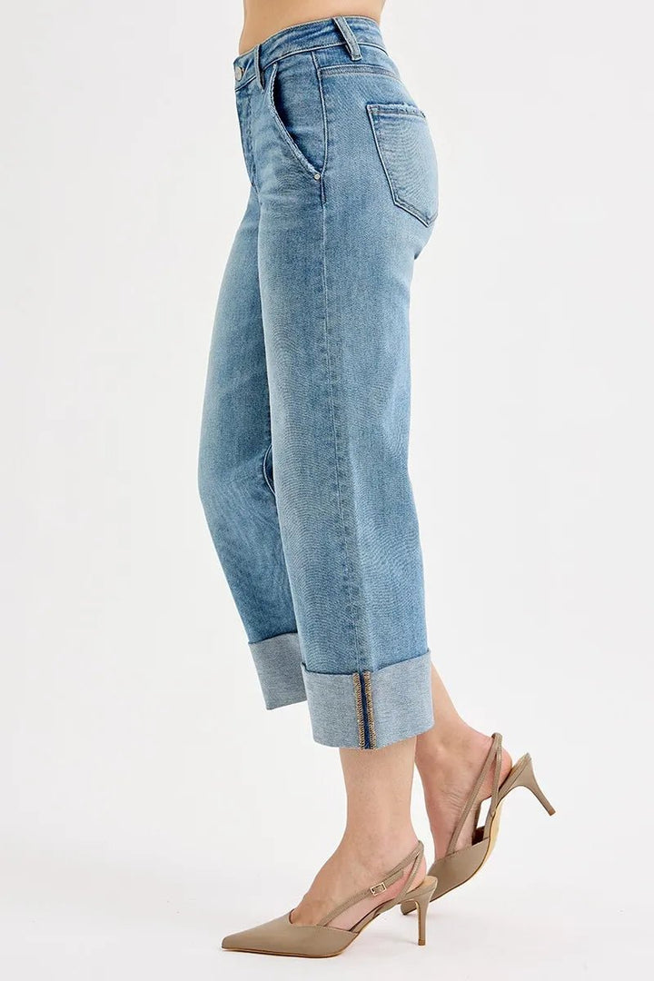 RISEN Full Size Tummy Control High Rise Ankle Wide Cuffed Jeans Plus Size - AMVIM