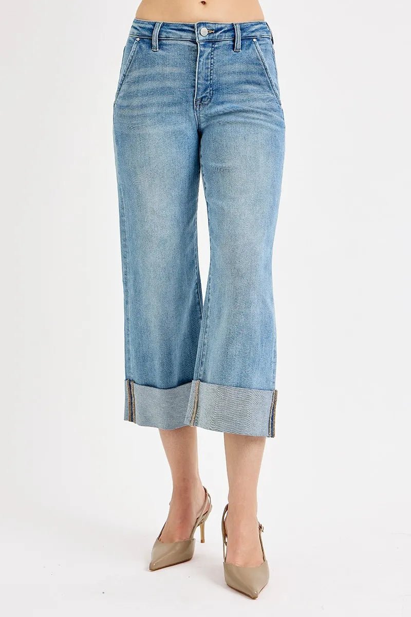 RISEN Full Size Tummy Control High Rise Ankle Wide Cuffed Jeans Plus Size - AMVIM