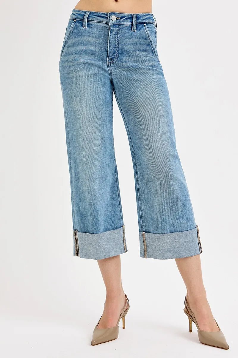 RISEN Full Size Tummy Control High Rise Ankle Wide Cuffed Jeans Plus Size - AMVIM