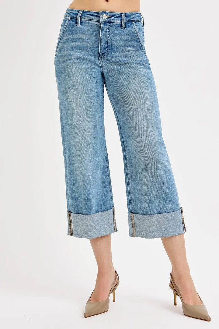 RISEN Full Size Tummy Control High Rise Ankle Wide Cuffed Jeans Plus Size - AMVIM