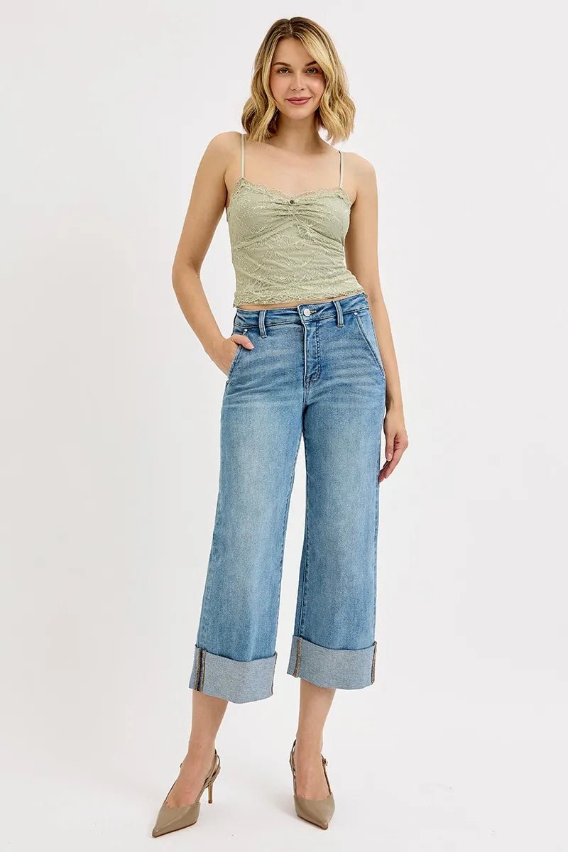 RISEN Full Size Tummy Control High Rise Ankle Wide Cuffed Jeans Plus Size - AMVIM