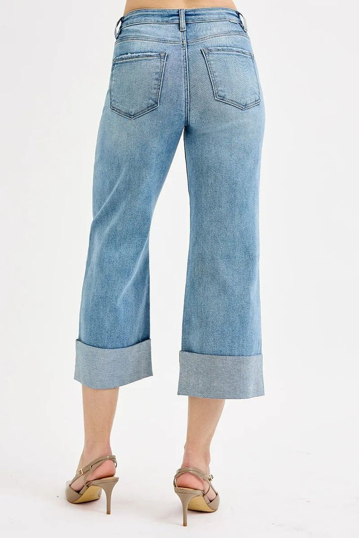 RISEN Full Size Tummy Control High Rise Ankle Wide Cuffed Jeans Plus Size - AMVIM