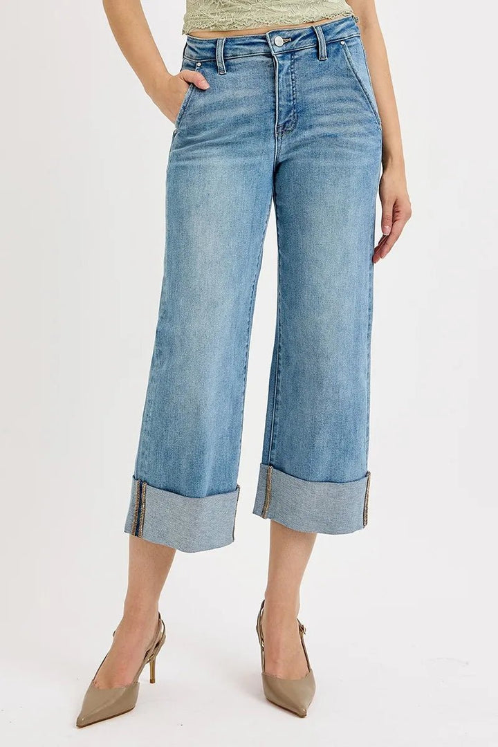 RISEN Full Size Tummy Control High Rise Ankle Wide Cuffed Jeans Plus Size - AMVIM