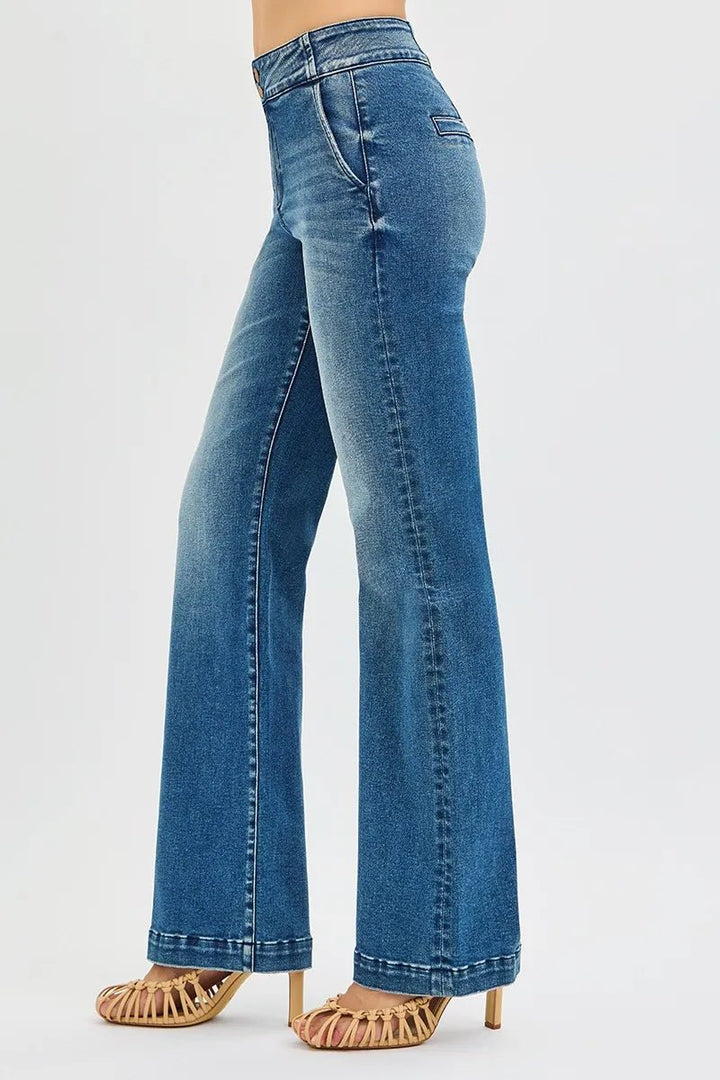 RISEN Full Size Tummy Control High Rise Bootcut Jeans with Double Button Waistband Plus Size - AMVIM