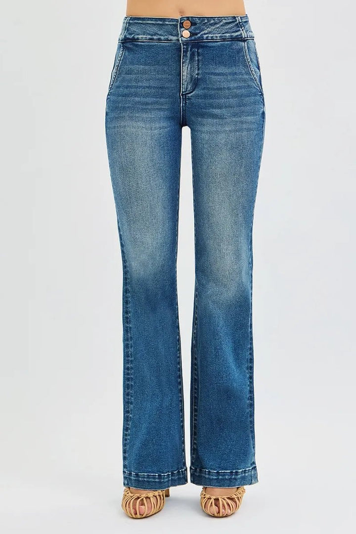 RISEN Full Size Tummy Control High Rise Bootcut Jeans with Double Button Waistband Plus Size - AMVIM