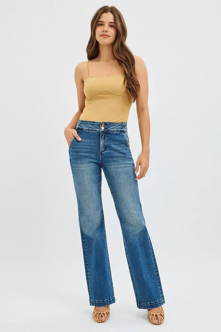 RISEN Full Size Tummy Control High Rise Bootcut Jeans with Double Button Waistband Plus Size - AMVIM