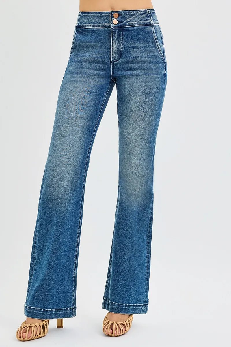 RISEN Full Size Tummy Control High Rise Bootcut Jeans with Double Button Waistband Plus Size - AMVIM
