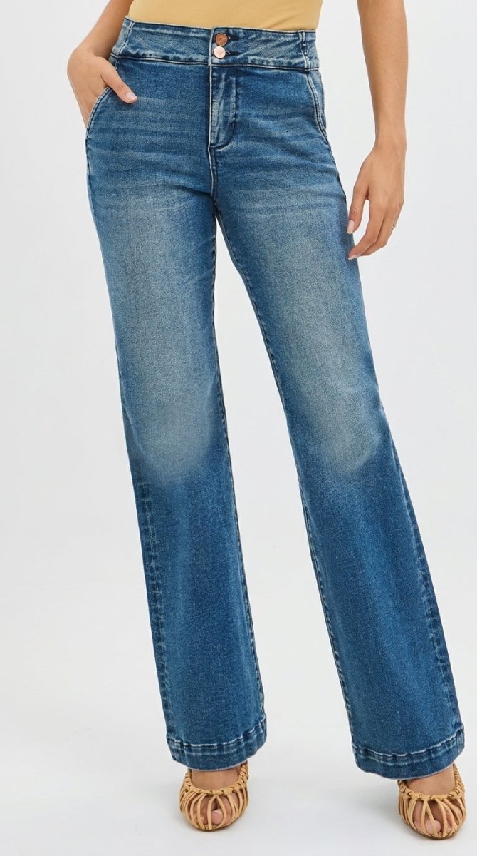 RISEN Full Size Tummy Control High Rise Bootcut Jeans with Double Button Waistband Plus Size - AMVIM