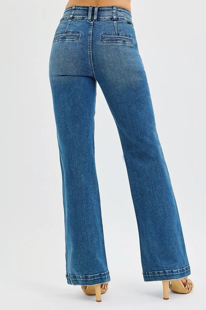 RISEN Full Size Tummy Control High Rise Bootcut Jeans with Double Button Waistband Plus Size - AMVIM