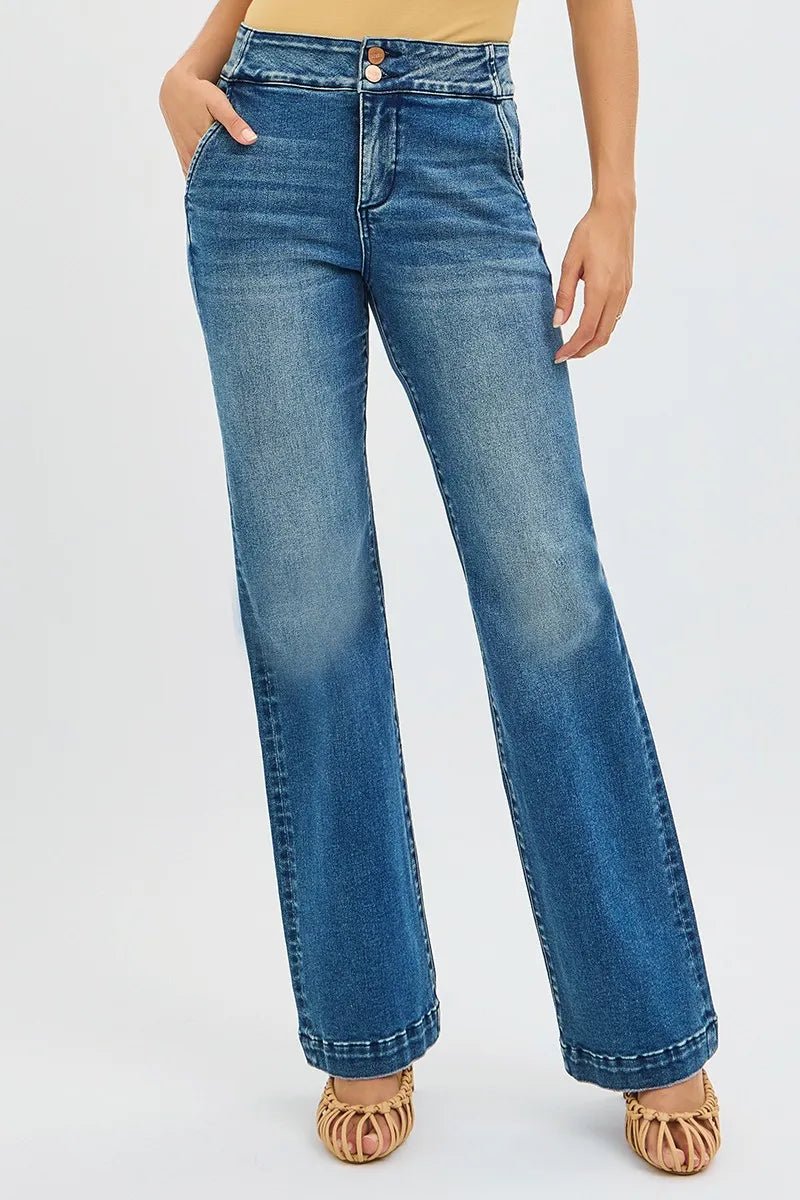 RISEN Full Size Tummy Control High Rise Bootcut Jeans with Double Button Waistband Plus Size - AMVIM