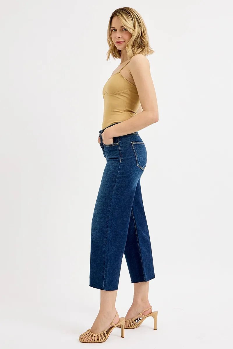 RISEN Full Size Tummy Control High Rise Crop Wide Jeans Plus Size - AMVIM