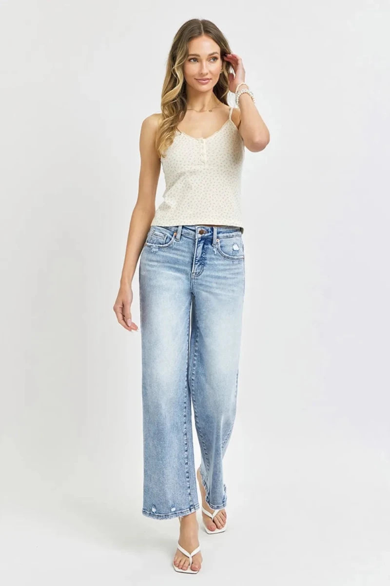 RISEN Full Size Tummy Control High Rise Crop Wide Leg Jeans - AMVIM