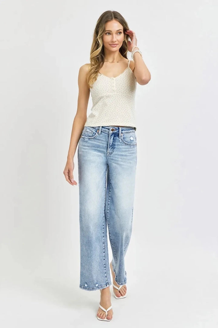 RISEN Full Size Tummy Control High Rise Crop Wide Leg Jeans - AMVIM