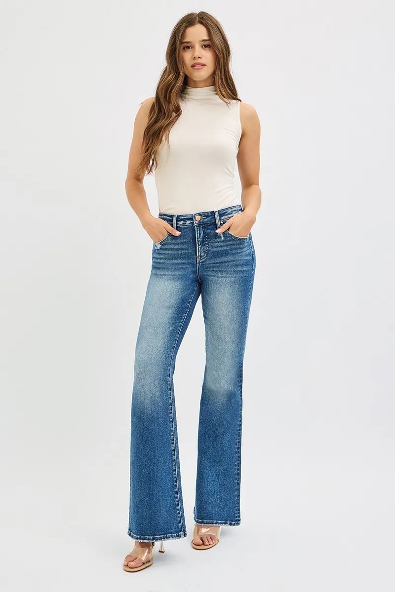 RISEN Full Size Tummy Control High Rise Flare Jeans Plus Size - AMVIM