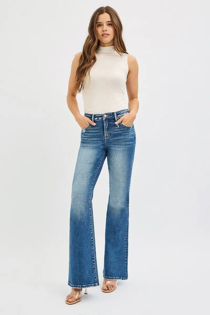 RISEN Full Size Tummy Control High Rise Flare Jeans Plus Size - AMVIM