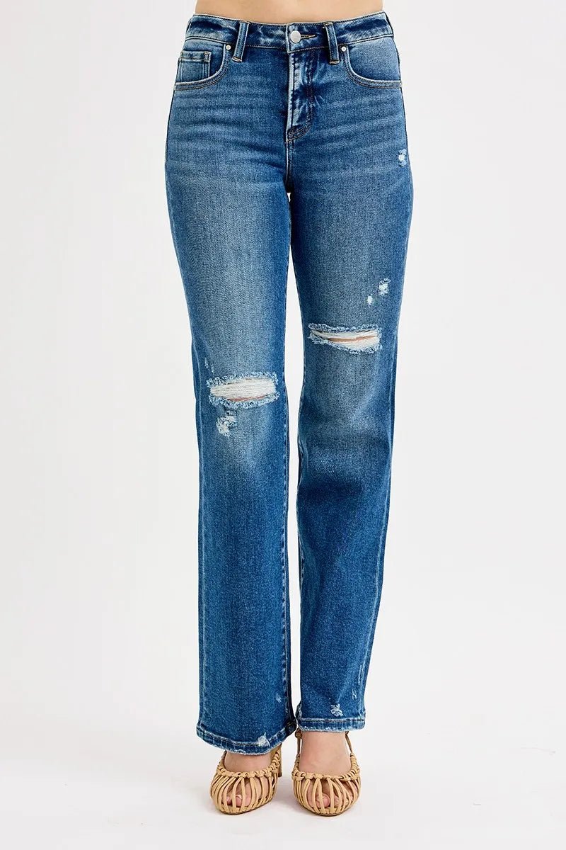 RISEN Full Size Tummy Control High Rise Straight Distressed Jeans Plus Size - AMVIM