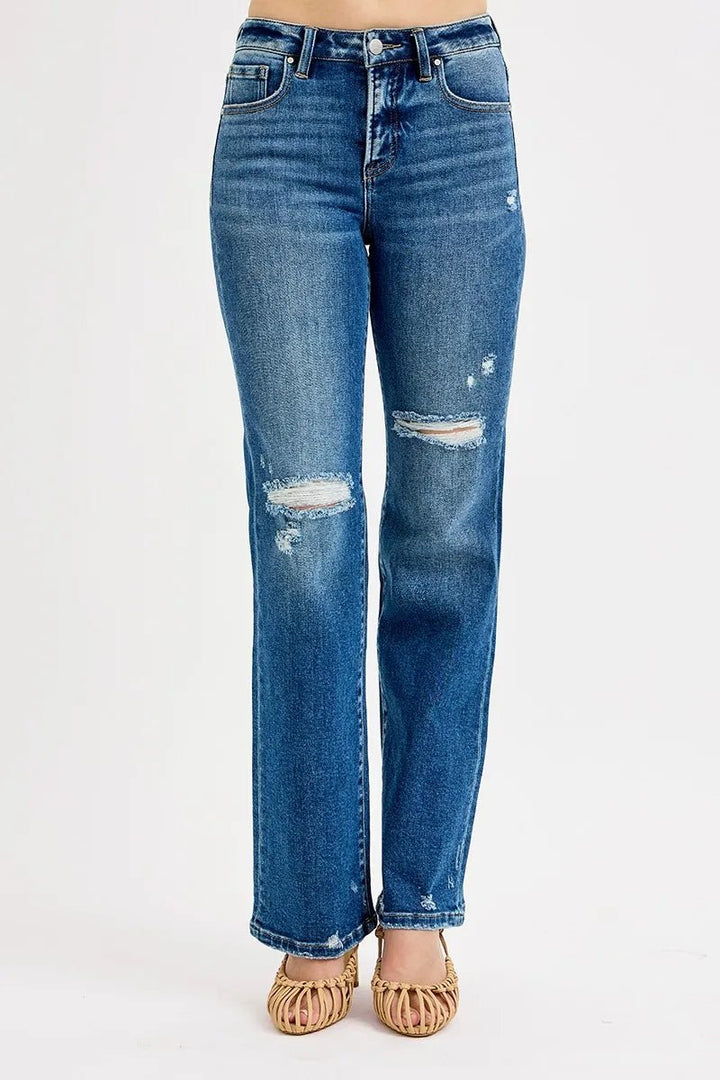 RISEN Full Size Tummy Control High Rise Straight Distressed Jeans Plus Size - AMVIM