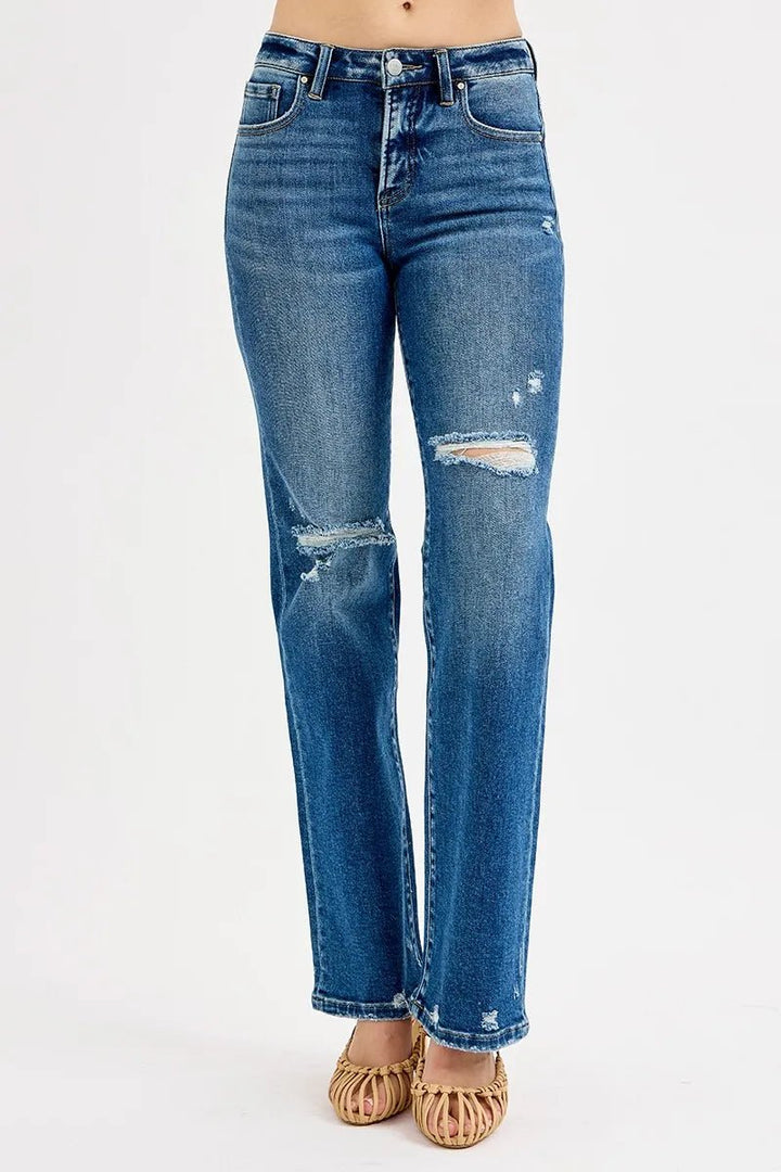 RISEN Full Size Tummy Control High Rise Straight Distressed Jeans Plus Size - AMVIM