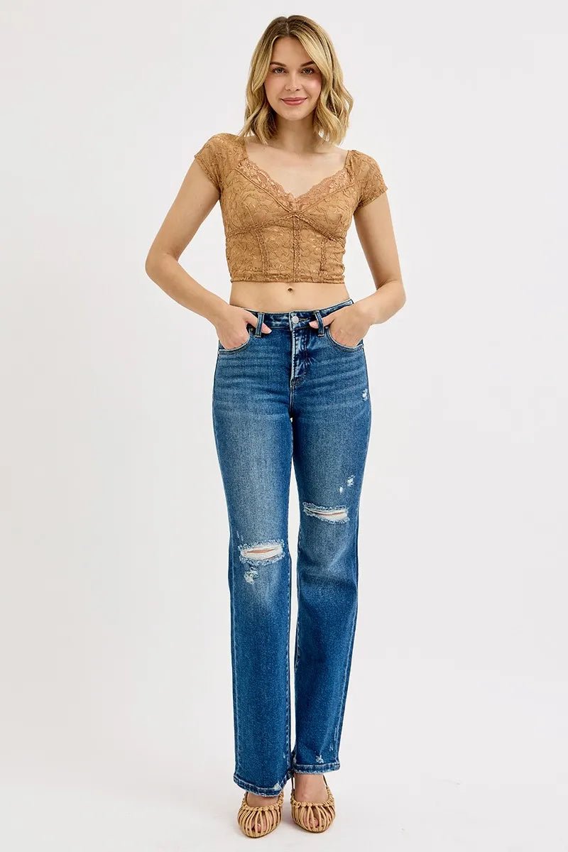 RISEN Full Size Tummy Control High Rise Straight Distressed Jeans Plus Size - AMVIM