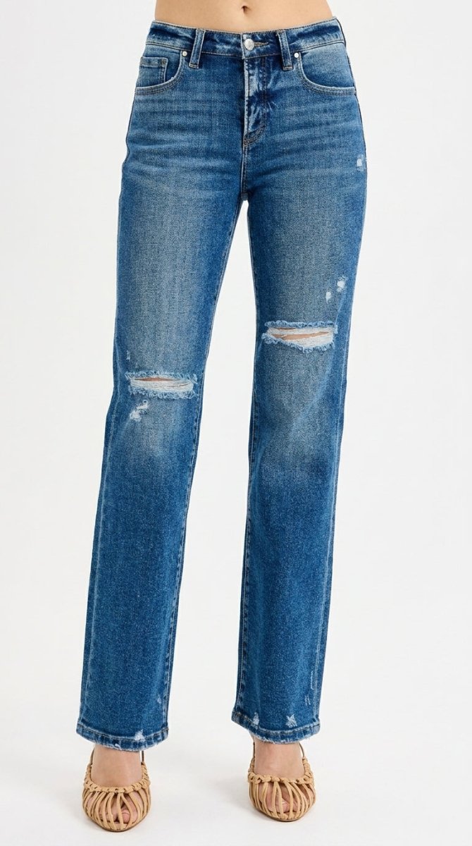 RISEN Full Size Tummy Control High Rise Straight Distressed Jeans Plus Size - AMVIM