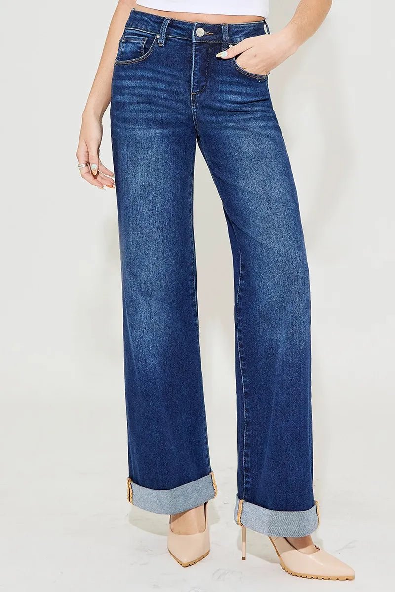 RISEN Full Size Tummy Control High Rise Wide Leg Cuffed Jeans Plus Size - AMVIM