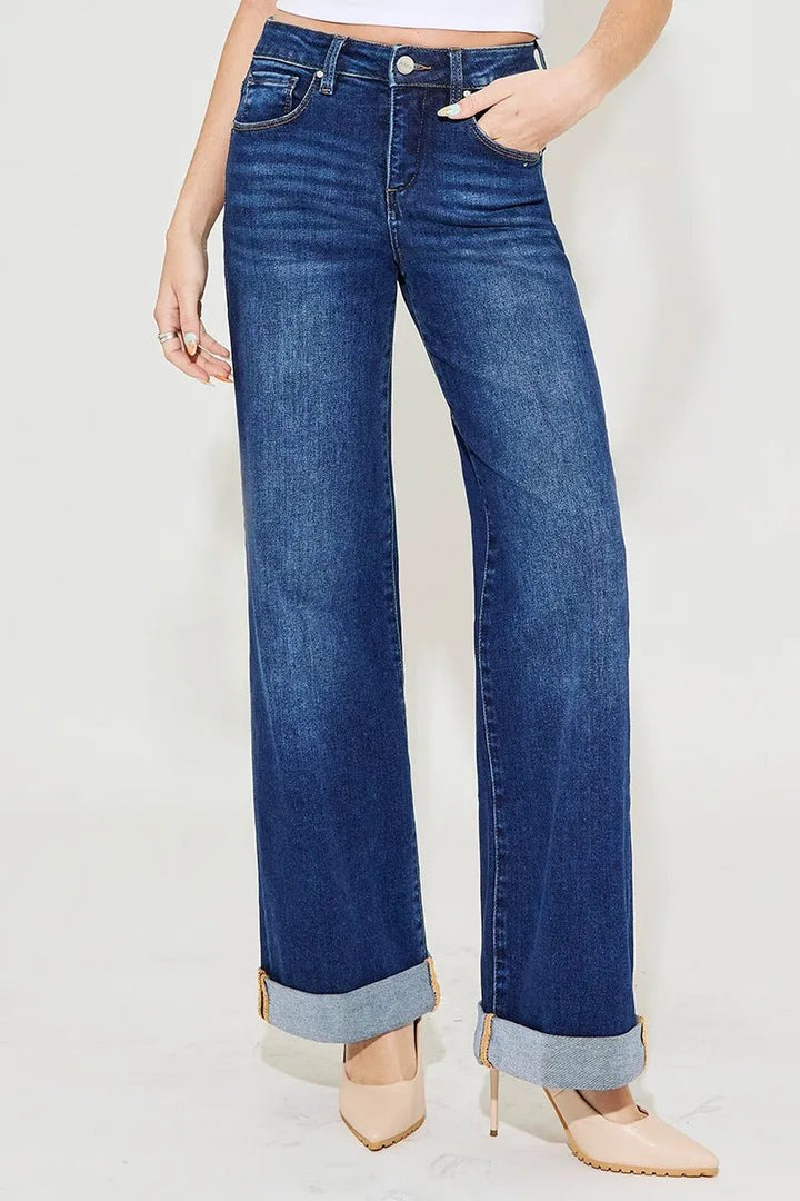 RISEN Full Size Tummy Control High Rise Wide Leg Cuffed Jeans Plus Size - AMVIM