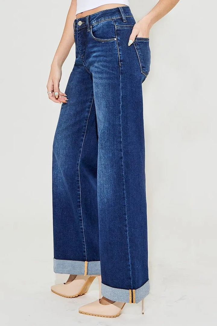 RISEN Full Size Tummy Control High Rise Wide Leg Cuffed Jeans Plus Size - AMVIM
