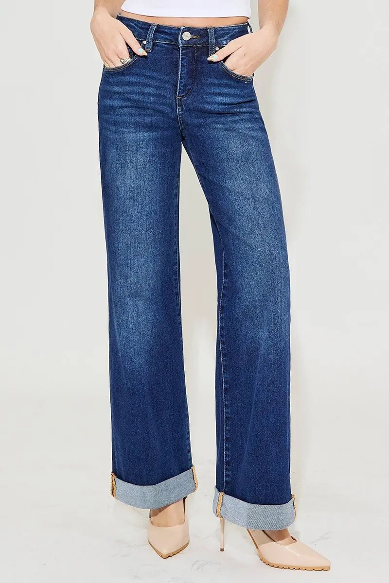 RISEN Full Size Tummy Control High Rise Wide Leg Cuffed Jeans Plus Size - AMVIM