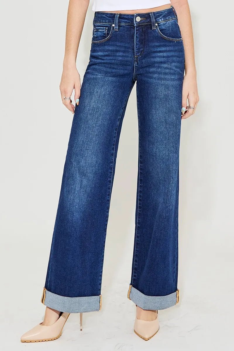RISEN Full Size Tummy Control High Rise Wide Leg Cuffed Jeans Plus Size - AMVIM