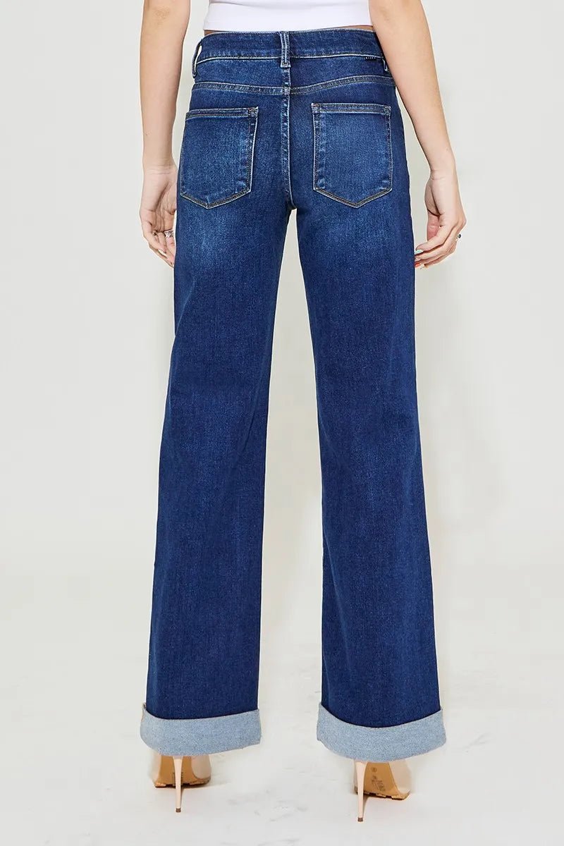 RISEN Full Size Tummy Control High Rise Wide Leg Cuffed Jeans Plus Size - AMVIM