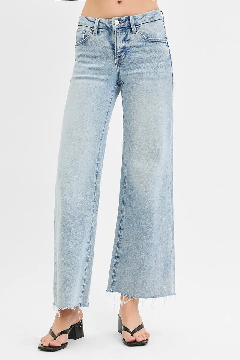 RISEN Full Size Tummy Control Low Rise Wide Leg Raw Cut Hem Jeans Plus Size - AMVIM