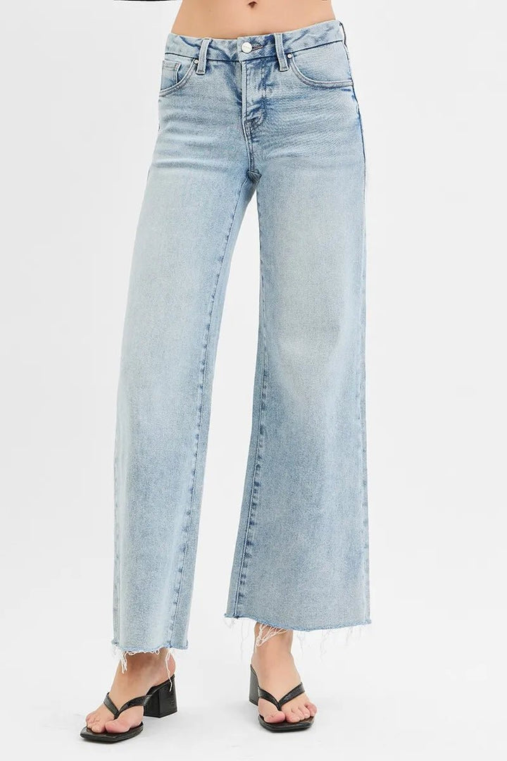 RISEN Full Size Tummy Control Low Rise Wide Leg Raw Cut Hem Jeans Plus Size - AMVIM