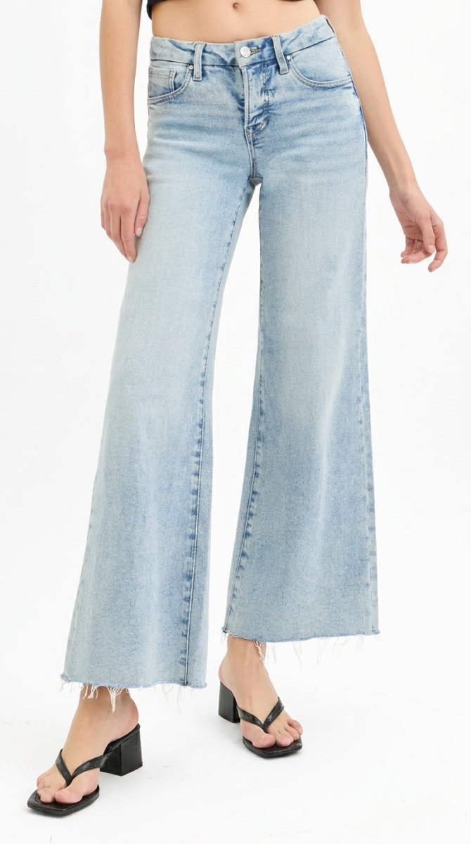 RISEN Full Size Tummy Control Low Rise Wide Leg Raw Cut Hem Jeans Plus Size - AMVIM