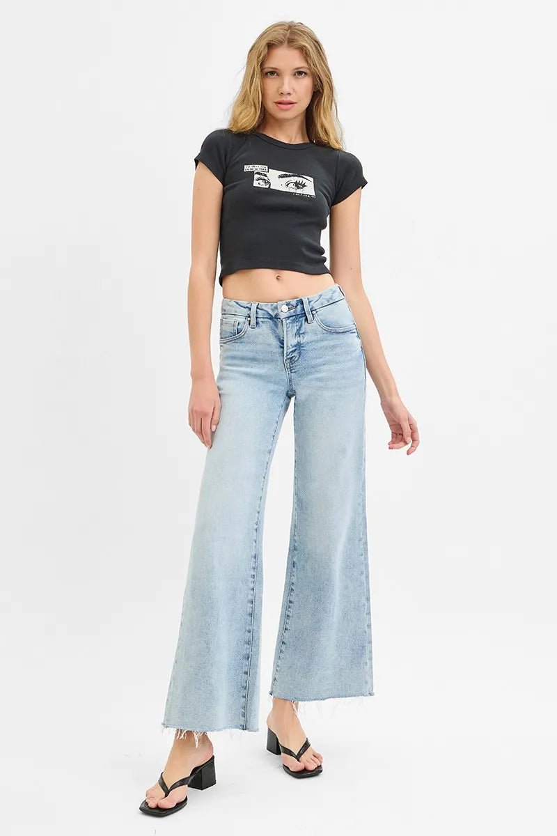 RISEN Full Size Tummy Control Low Rise Wide Leg Raw Cut Hem Jeans Plus Size - AMVIM