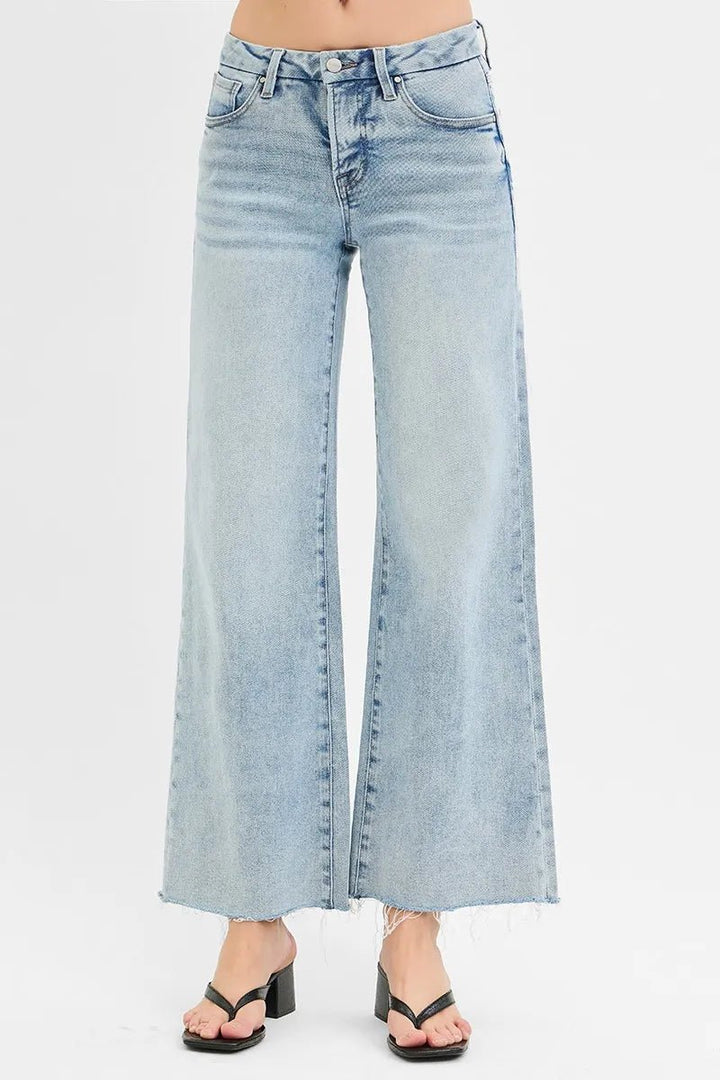 RISEN Full Size Tummy Control Low Rise Wide Leg Raw Cut Hem Jeans Plus Size - AMVIM