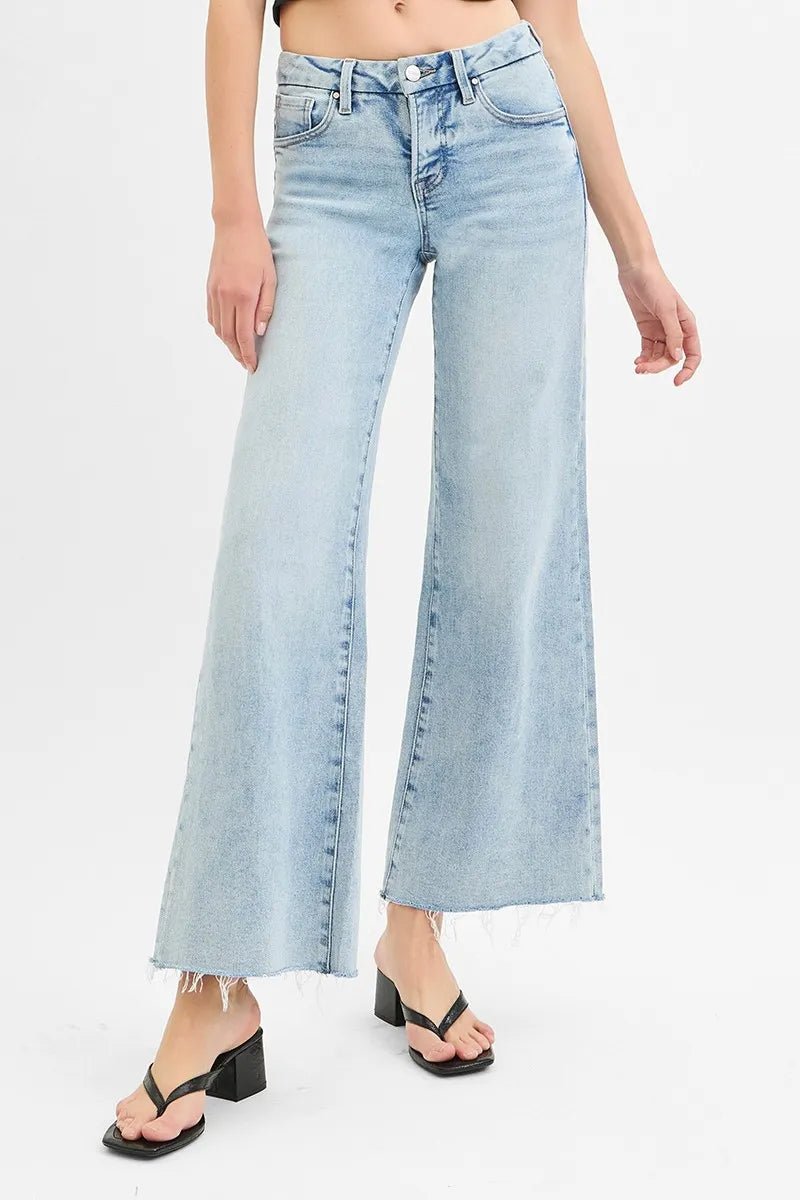 RISEN Full Size Tummy Control Low Rise Wide Leg Raw Cut Hem Jeans Plus Size - AMVIM