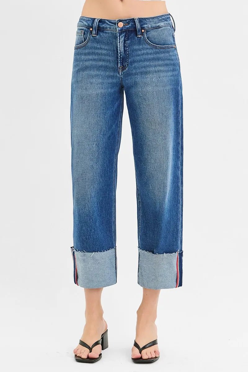 RISEN Full Size Tummy Control Mid Rise Crop Wide Cuffed Jeans Plus Size - AMVIM