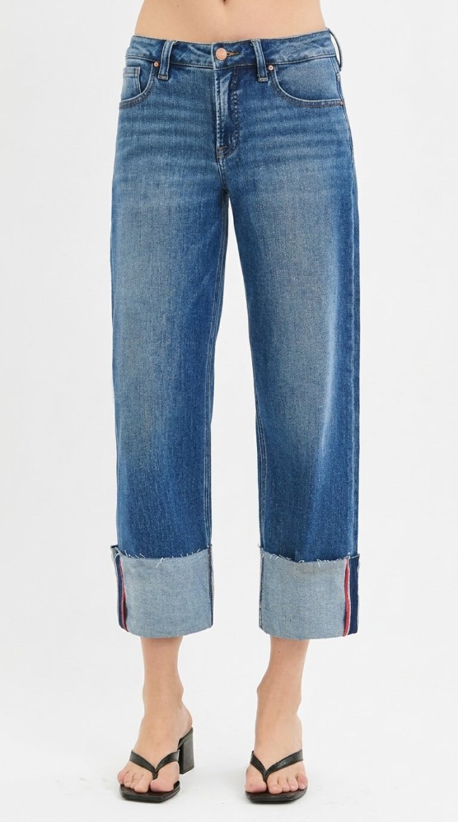 RISEN Full Size Tummy Control Mid Rise Crop Wide Cuffed Jeans Plus Size - AMVIM