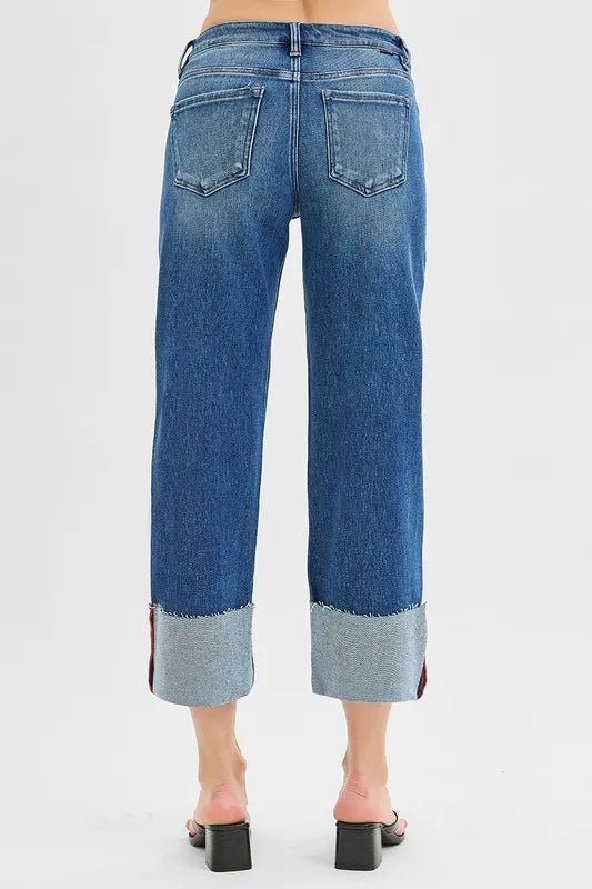 RISEN Full Size Tummy Control Mid Rise Crop Wide Cuffed Jeans Plus Size - AMVIM