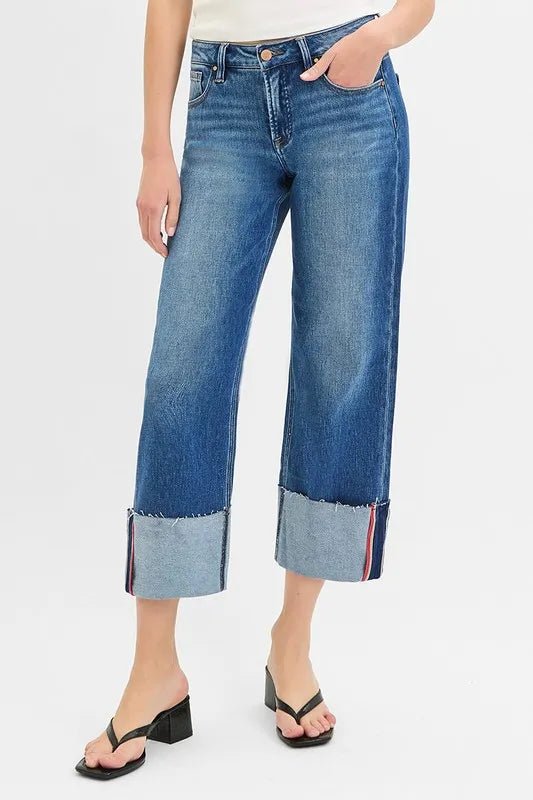 RISEN Full Size Tummy Control Mid Rise Crop Wide Cuffed Jeans Plus Size - AMVIM