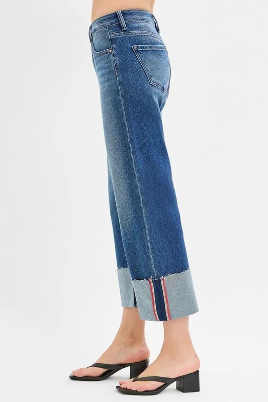 RISEN Full Size Tummy Control Mid Rise Crop Wide Cuffed Jeans Plus Size - AMVIM