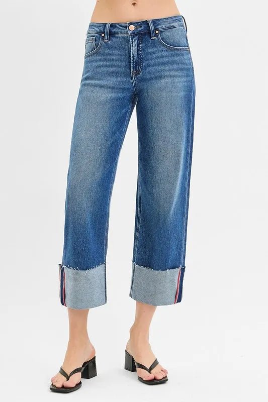 RISEN Full Size Tummy Control Mid Rise Crop Wide Cuffed Jeans Plus Size - AMVIM