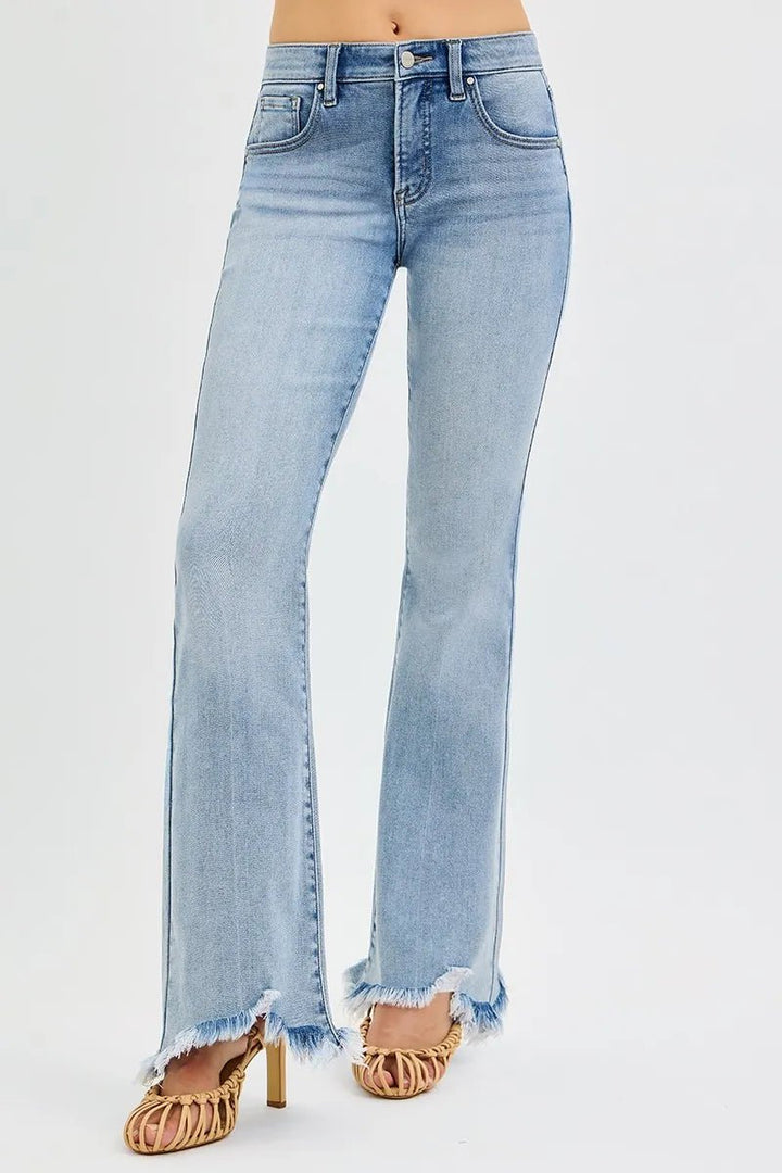 RISEN Full Size Tummy Control Mid Rise Flare Jeans with Fray Hem Detailed Plus Size - AMVIM