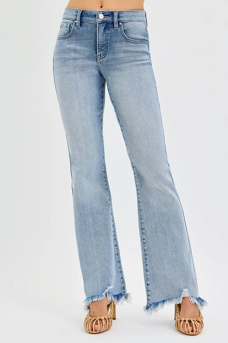 RISEN Full Size Tummy Control Mid Rise Flare Jeans with Fray Hem Detailed Plus Size - AMVIM