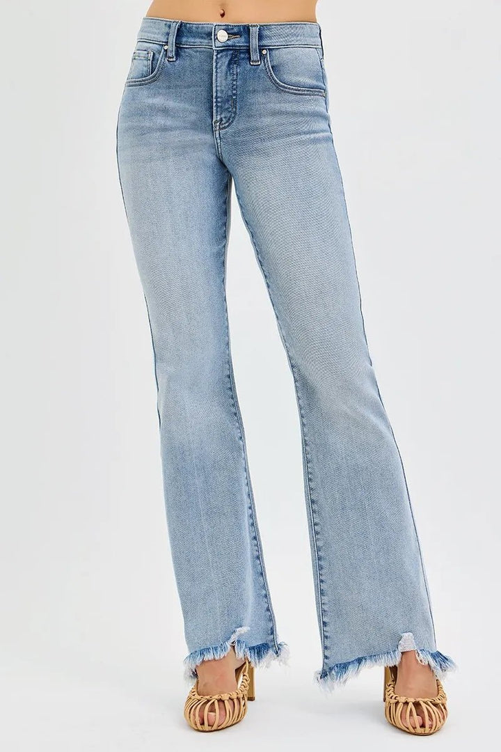 RISEN Full Size Tummy Control Mid Rise Flare Jeans with Fray Hem Detailed Plus Size - AMVIM