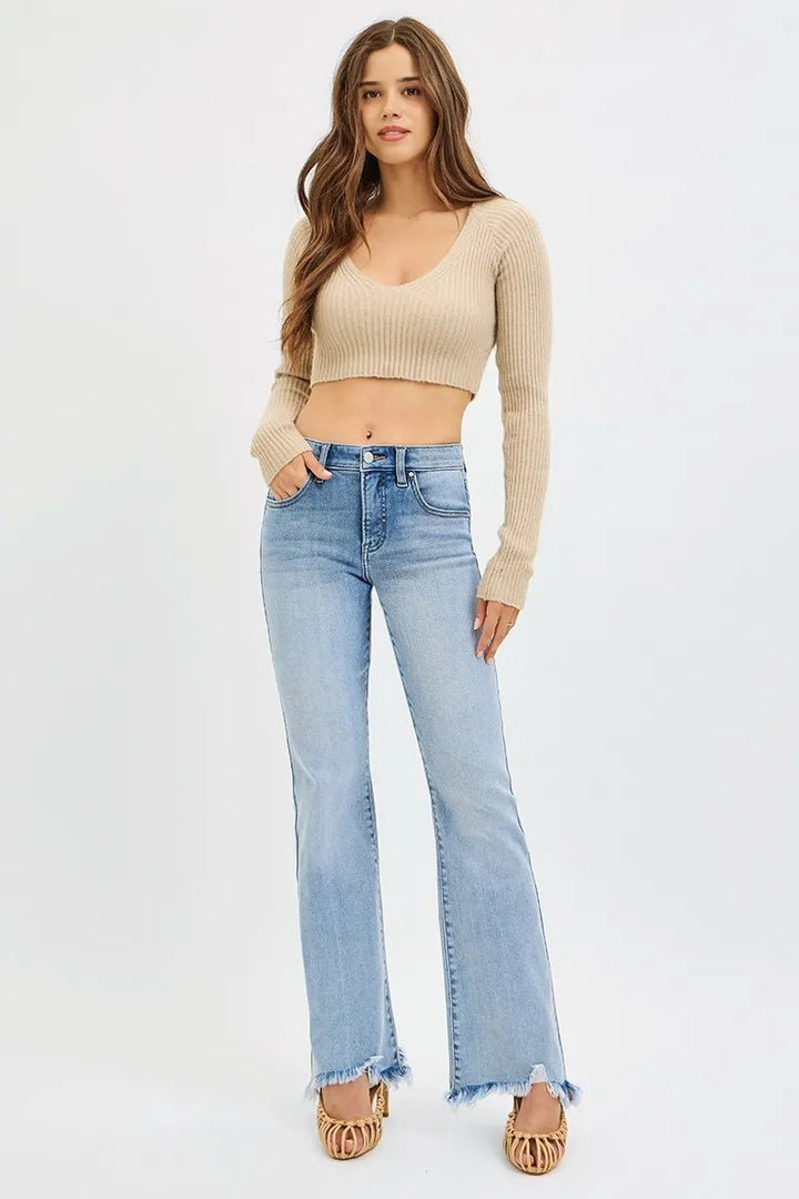 RISEN Full Size Tummy Control Mid Rise Flare Jeans with Fray Hem Detailed Plus Size - AMVIM