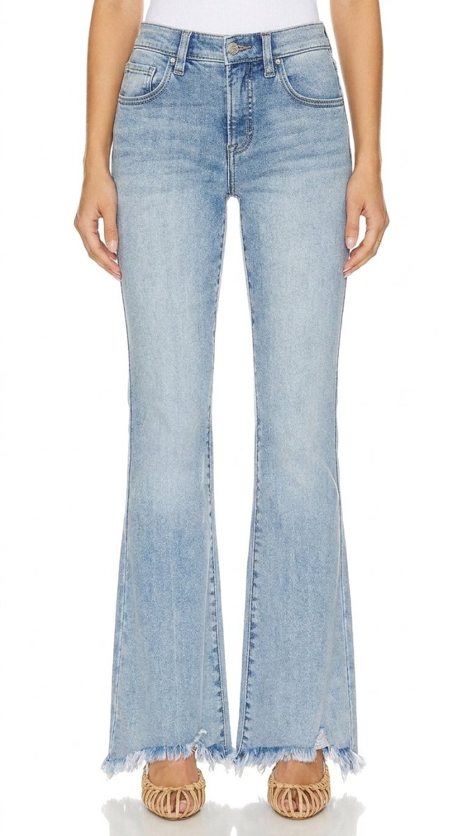RISEN Full Size Tummy Control Mid Rise Flare Jeans with Fray Hem Detailed Plus Size - AMVIM