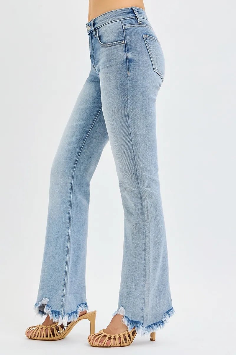 RISEN Full Size Tummy Control Mid Rise Flare Jeans with Fray Hem Detailed Plus Size - AMVIM