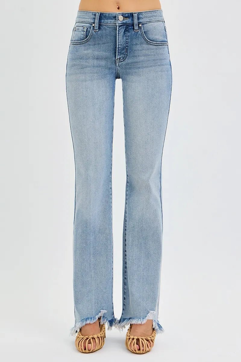 RISEN Full Size Tummy Control Mid Rise Flare Jeans with Fray Hem Detailed Plus Size - AMVIM